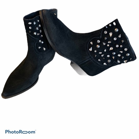 SAM EDELMAN Avril Black Suede Crystal Studded Ankle Rock Booties Size 7.5 - Picture 6 of 7